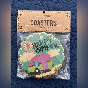 New in package set of 10 Natural Life paper coasters.  Camper-“Happy Camper”